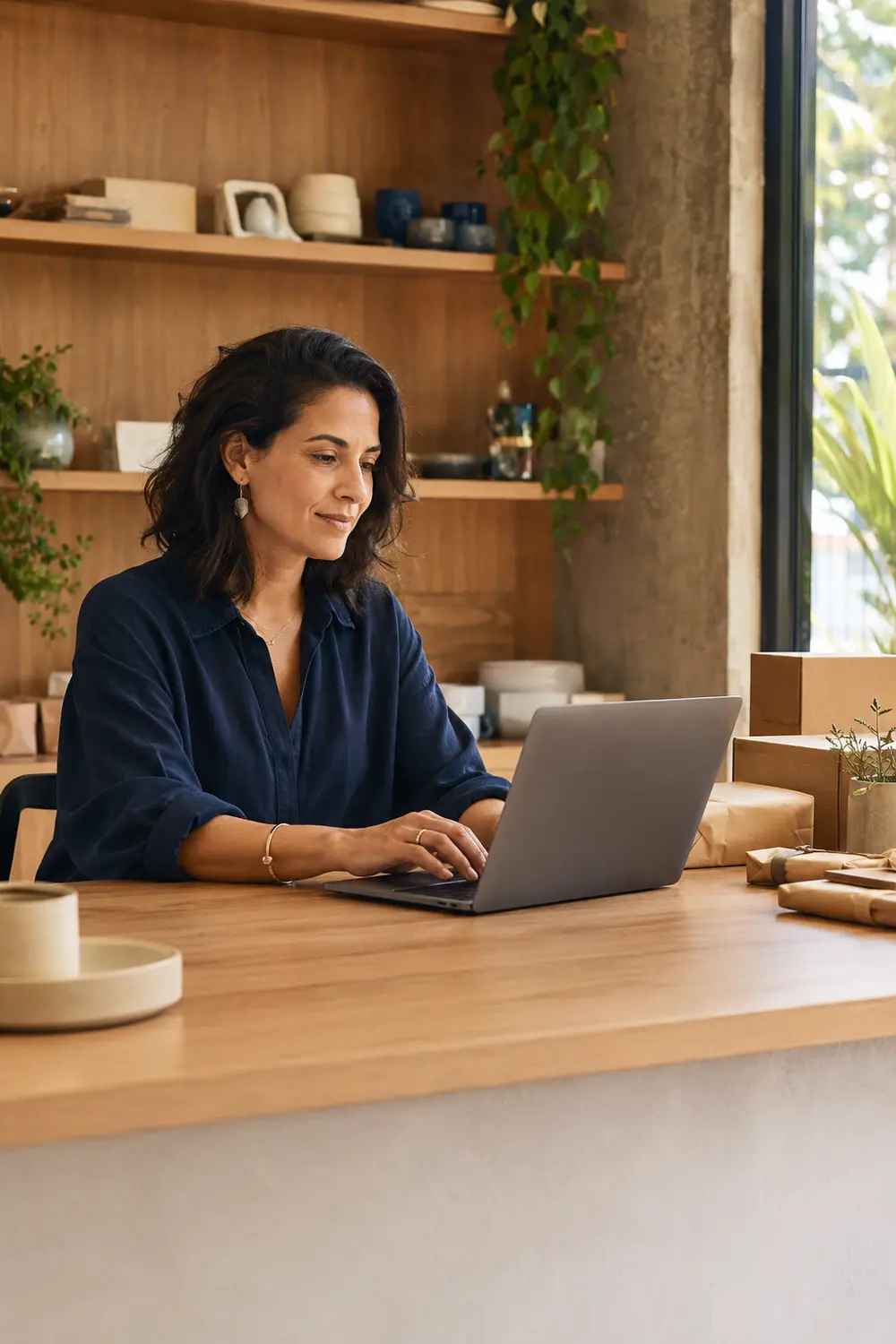 Empreendedora trabalhando no computador em sua empresa recém-aberta